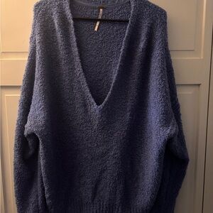 Free People Plush V-Neck Sweater in Navy Blue